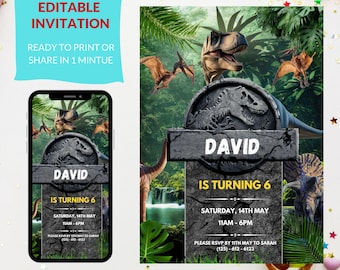 Dinosaur themed birthday, online birthday invitation, electronic birthday invitation, dinosaur birthday party decor, Editable Canva Template