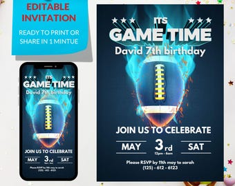 Editable Football Themed Birthday Party Invitation Card Template, Digital Football Birthday Invite, Electronic Sports Birthday Mobile, canva