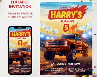 Monster Truck Birthday Invitation Monster Jam Birthday Invite Editable Canva Template photoshop template Boy Truck Theme Party Hot Wheel