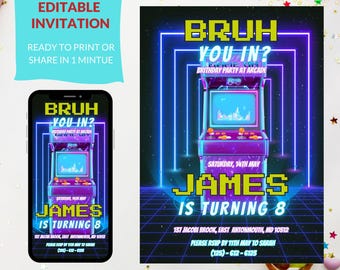Editable Arcade Birthday Party Invitation, Minimalist Neon Boy Game Party, Glow Gaming, Editable Canva Template, Photoshop template, Instant