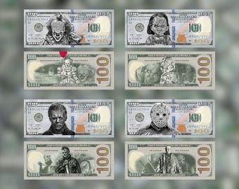 Michael Myers, Jason Voorhees, Freddy Krueger, Pennywise, Chucky Halloween Villain fake money face on money 100 dollar bill Digital Download