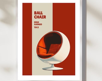 Póster de la silla Ball, Eero Aarnio, 1963. Diseño icónico de mediados de siglo XX.