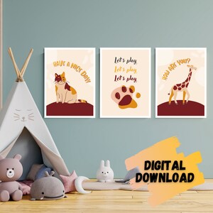 Kids playroom decoration art animal giraffe cat and tiger footprint wall art | zoo animal