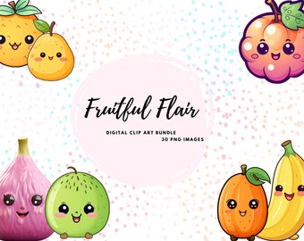 Kawaii Fruits Clipart Bundle. Fruits Illustrations in PNG with Transparent Backgrounds - Instant Download!