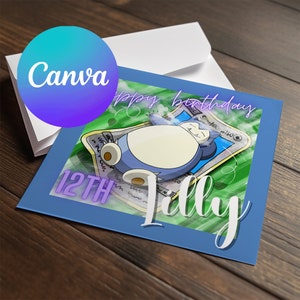 Carte d'anniversaire Pokemon Snorlax modifiable, voeux d'anniversaire imprimable Canva, carte d'anniversaire Anime, Snorlax