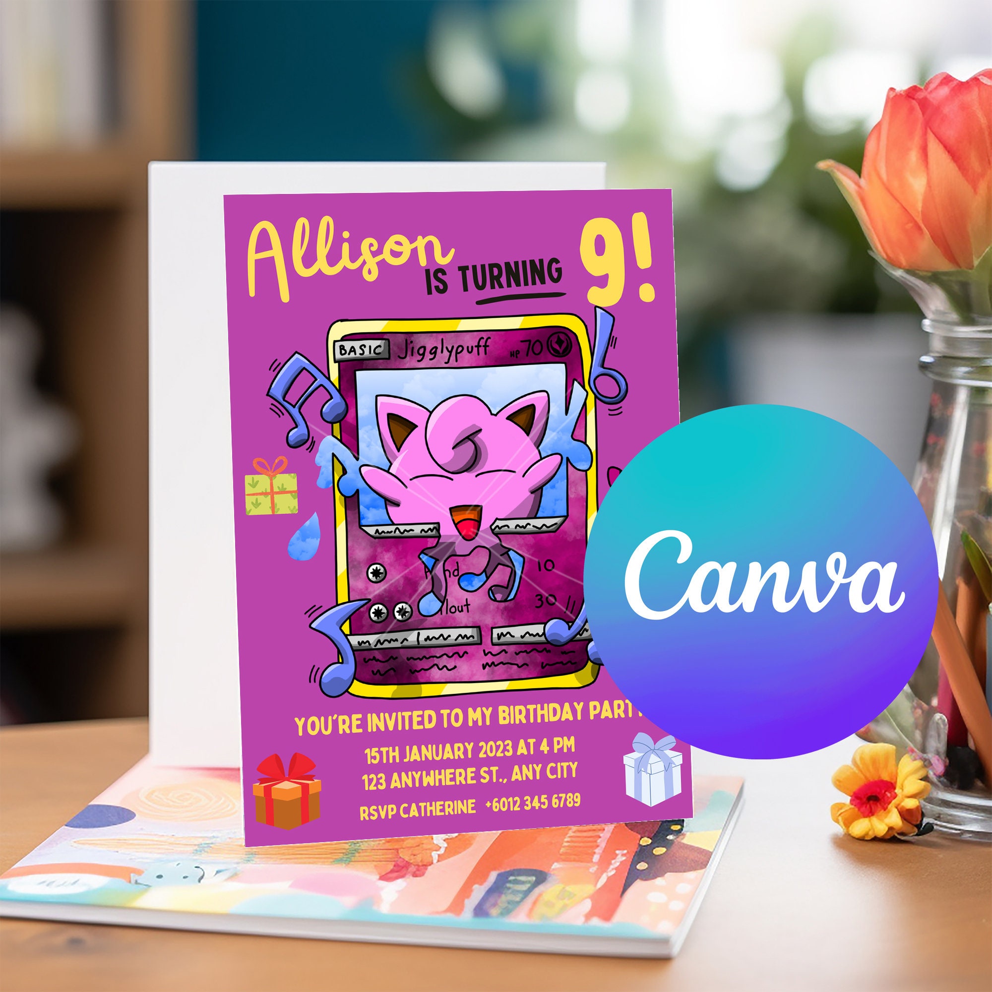 Editable Pokemon Birthday Invitation and Thank You Card, Canva