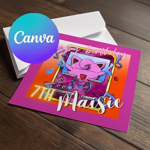 Editable Jigglypuff Pokemon Birthday Card, Canva Printable Birthday Greeting, Anime birthday card