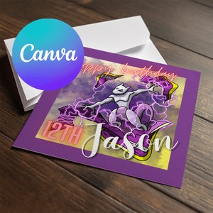 Editable Mewtwo Pokemon Birthday Card, Canva Printable Birthday Greeting, Anime birthday card, Mewtwo