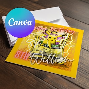 Editable Pikachu Pokemon Birthday Card, Canva Printable Birthday Greeting, Anime birthday card, Pikachu
