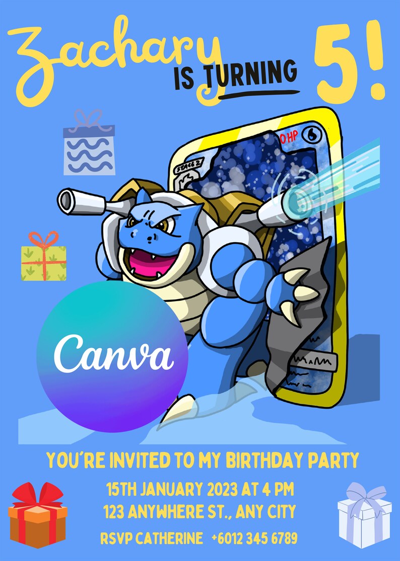 Editable Pokemon Birthday Invitation and Thank You Card, Canva