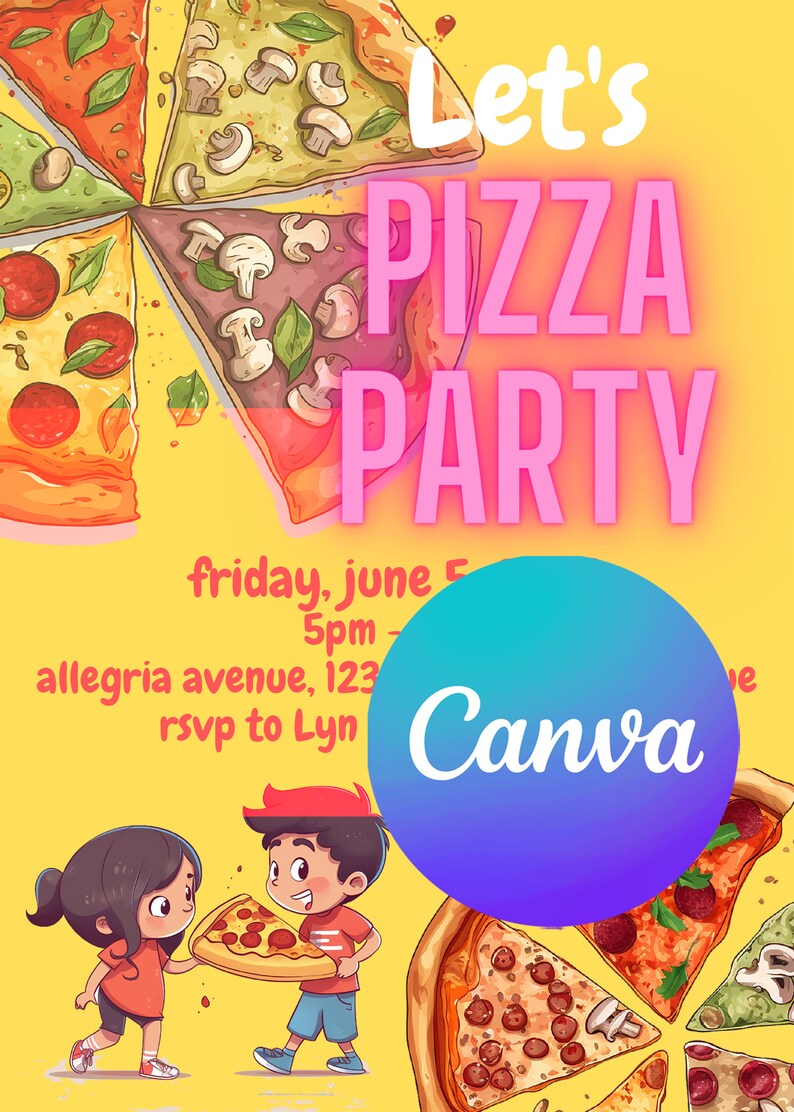 Editable Pizza Party Birthday Invitation Canva Printable - Etsy