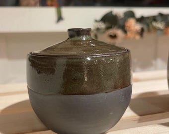 Handmade Ceramic Lidded Jar, obsidian and green tea color. Salt, tea, sugar, or herb cellar.