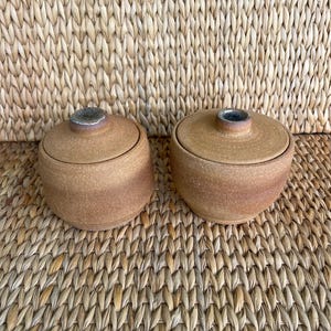 May include: Two small, round, lidded ceramic containers. The containers are a warm brown color with a lighter band around the middle. The lids have a small, dark-colored knob on top. The background is a woven wicker material.