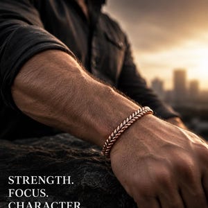 Op de afbeelding: Een koperen armband met een gevlochten, touwachtig ontwerp gedragen om de pols. De tekst op de afbeelding luidt: STRENGTH. FOCUS. CHARACTER. PURE COPPER. PURE CONFIDENCE. De armband heeft een metallic, roodbruine afwerking met een textuur.