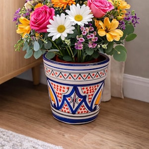 Handgemachter marokkanischer Keramik-Übertopf: Handbemalter Boho Blumentopf, Zimmerpflanzentopf