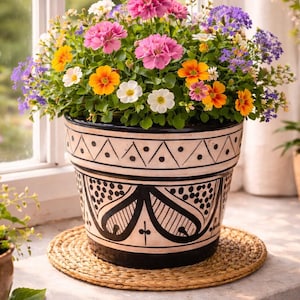 May include: A decorative flower pot filled with a variety of colorful flowers, including pink, orange, white, and purple blooms. The pot has a black and cream geometric design and sits on a woven mat. The arrangement is placed near a window.
