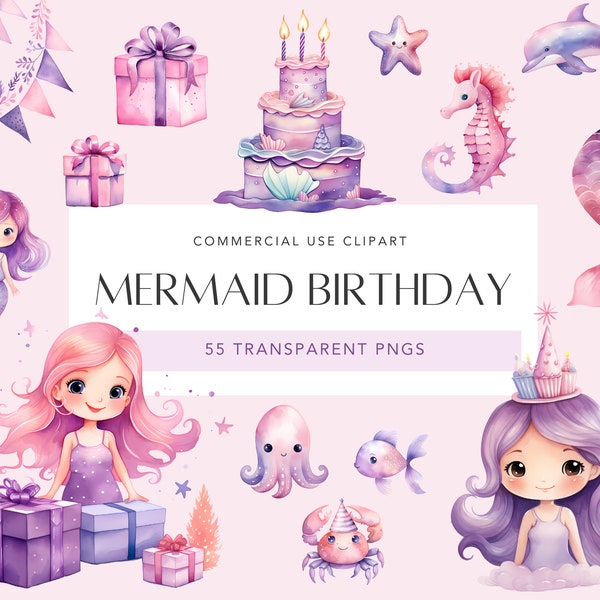 Watercolor Mermaid Birthday Clipart Pastel Mermaid Clipart Pink Mermaid Princess Birthday Decor Mermaid Nursery PNG For Birthday Party Card