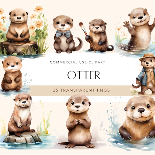 Otter Watercolor Clipart Cute Baby Shower Graphics Nursery Decor Wall Art Sea Animal PNG Commercial Use Instant Download Otter Graphics