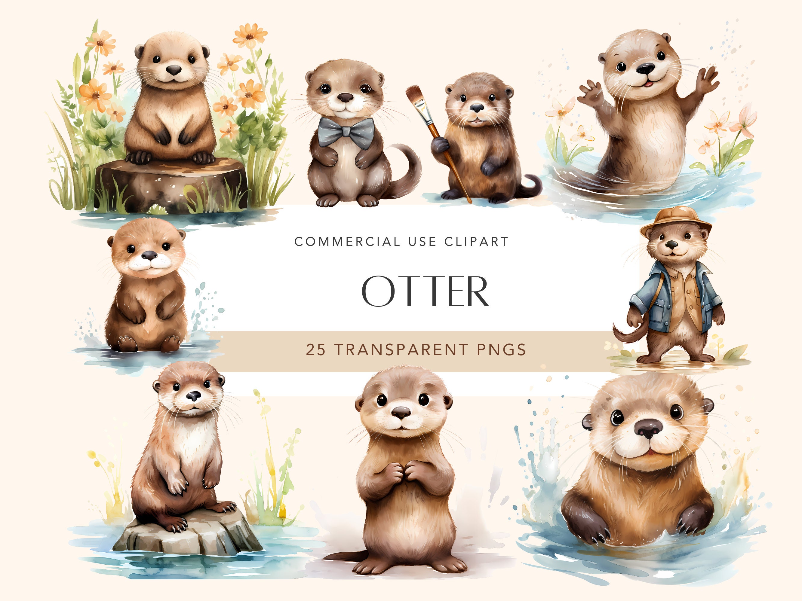 Otter Watercolor Clipart Cute Baby Shower Graphics Nursery Decor Wall Art Sea Animal PNG Commercial Use Instant Download Otter Graphics