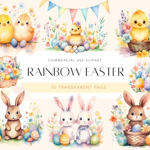 Bundle de cliparts de Pâques aquarelle arc-en-ciel pastel Pâques printemps Clipart Lapin de Pâques oeuf de Pâques panier de Pâques PNG Joyeuses Pâques Clipart tulipe