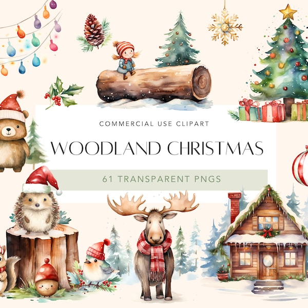 Woodland Christmas Clipart Watercolor Winter Clipart Woodland Animals Cozy Christmas Clipart Winter Forest Cute Forest Animal for Cardmaking