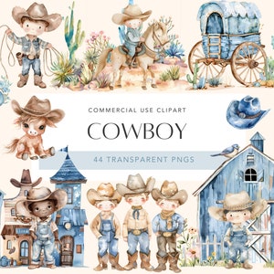 Słodki kowbojski clipart Baby Cowboy PNG Dziki Zachód Clipart Baby Western Clipart Pustynia Clipart Kowboj Niebieski Baby Shower Dekoracja pokoju dziecięcego na ścianę