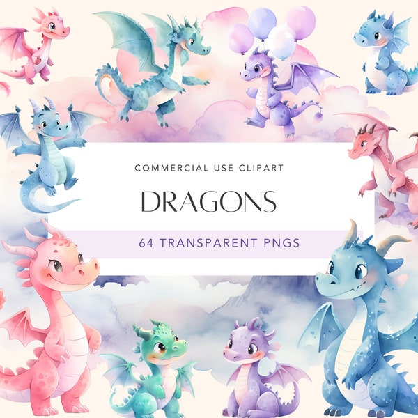 Cute Dragon Clipart Watercolor Dragon Clipart Pastel Baby Dragons PNG Fantasy Clipart Bundle Pastel Dragon Clipart Pink Purple Dragon Decor