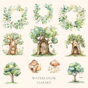 Op de afbeelding: Waterverf clipart set met grillige illustraties van bomen met deuren, kransen en paddenstoelen. De illustraties zijn geschilderd in tinten groen, bruin en wit.