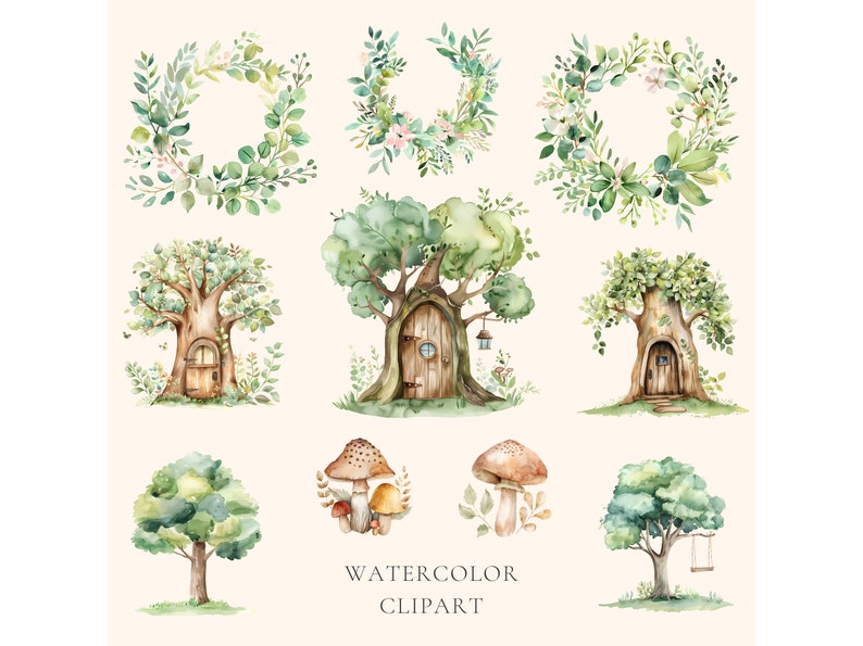 Op de afbeelding: Waterverf clipart set met grillige illustraties van bomen met deuren, kransen en paddenstoelen. De illustraties zijn geschilderd in tinten groen, bruin en wit.