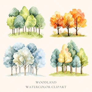Puede incluir: Clipart de acuarela de cuatro conjuntos de &aacute;rboles, cada uno representando una estaci&oacute;n diferente: primavera, verano, oto&ntilde;o e invierno. Los &aacute;rboles est&aacute;n pintados en tonos de verde, amarillo, naranja, rojo, azul y blanco.