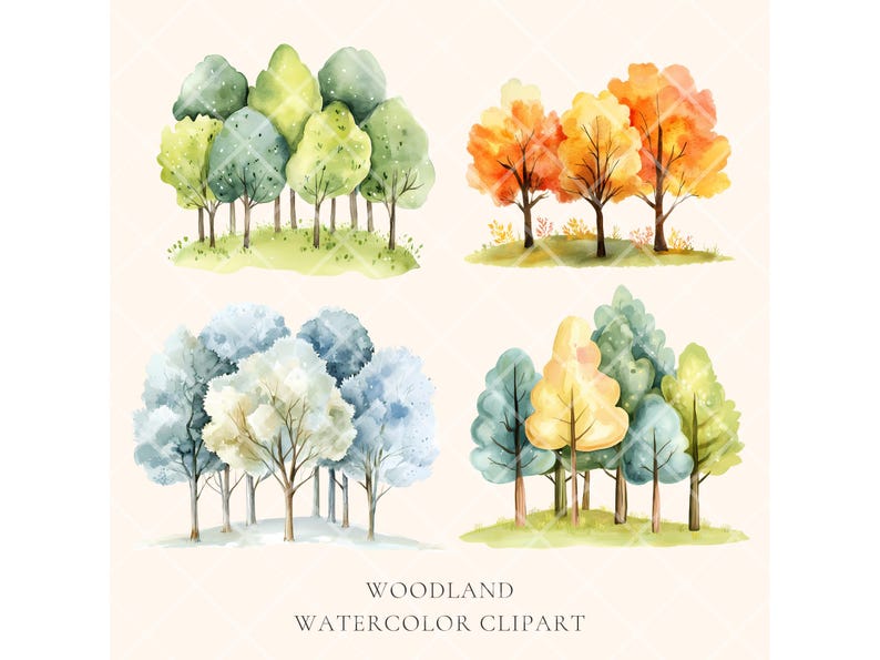 Puede incluir: Clipart de acuarela de cuatro conjuntos de &aacute;rboles, cada uno representando una estaci&oacute;n diferente: primavera, verano, oto&ntilde;o e invierno. Los &aacute;rboles est&aacute;n pintados en tonos de verde, amarillo, naranja, rojo, azul y blanco.