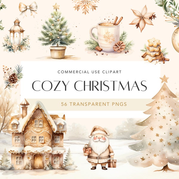 Cozy Christmas Clipart Watercolor Christmas Clipart Bundle For Cardmaking Invitations Boho Christmas PNG Ornaments Clipart Commercial Use