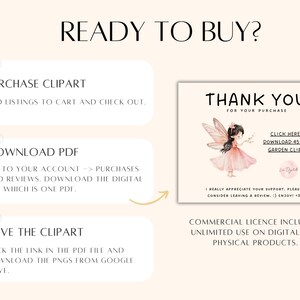 Puede incluir: Una ilustraci&oacute;n digital de un hada con alas rosas y un vestido rosa que sostiene una flor. El texto "Gracias por su compra" est&aacute; en la parte superior de la imagen. El texto "Haga clic aqu&iacute; para descargar 45 im&aacute;genes de hadas de jard&iacute;n" est&aacute; debajo del hada. El texto "Realmente aprecio su apoyo. Por favor, considere dejar una rese&ntilde;a. :) &iexcl;Disfrute!" est&aacute; debajo del texto del clipart. El texto "Licencia comercial incluida. Uso ilimitado en productos digitales y f&iacute;sicos." est&aacute; en la parte inferior de la imagen.
