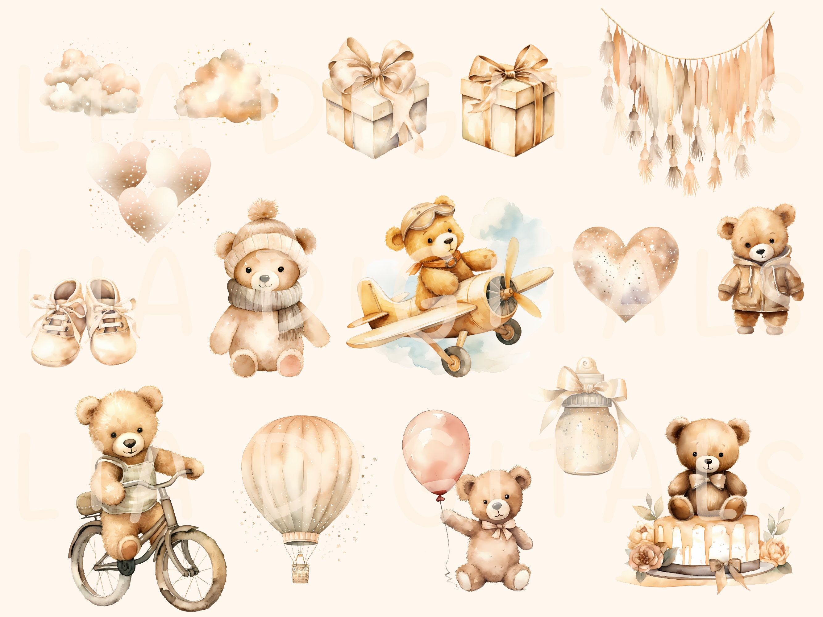 Watercolor Teddy Bear Clipart Boho Teddy Bear Clipart for Baby Shower ...