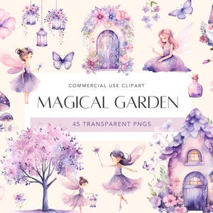 Fée aquarelle jardin magique des cliparts Clipart mignon jardin de fées Clipart forêt enchantée fée violette Bundle Clipart fée rose Clipart commercial