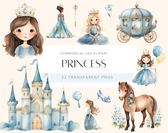 Blue Princess Clipart Watercolor Cinderella Cute Princess Carriage Castle Princess Nursery Decor Princess Invitation Theme Commercial Use