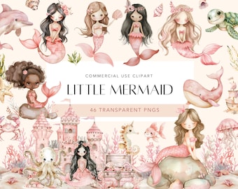 Kleine Meerjungfrau Clipart Niedliche Meerjungfrau PNG Rosa Meerjungfrau Unter dem Meer Clipart Aquarell Meerjungfrau Clipart Für Mädchen Geburtstagsparty Baby Kinderzimmer