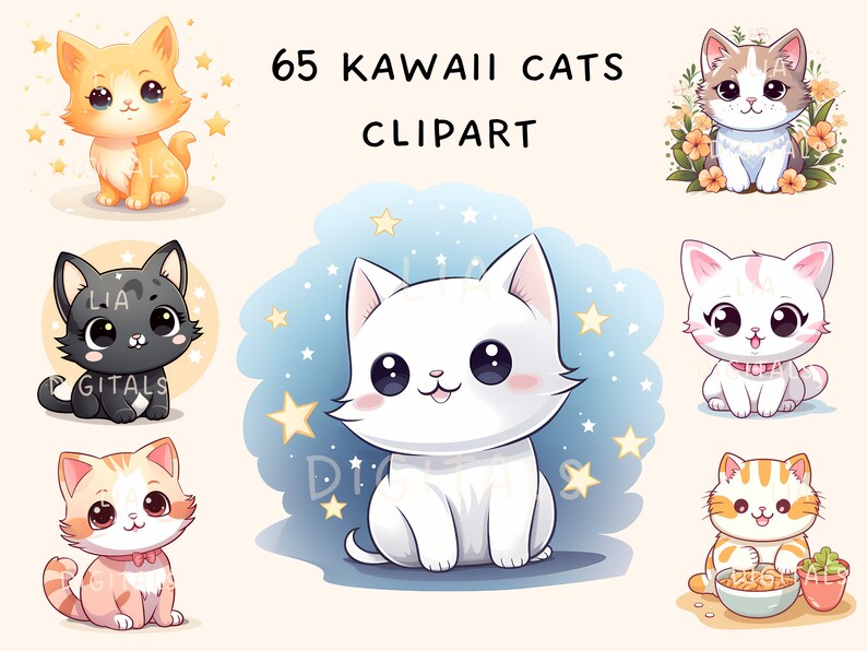 Cute Cat Clipart Kawaii Bundle for Animal Stickers Kawaii Clipart Wall ...