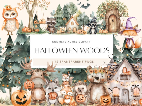 Halloween Woodland Clipart Woodland Fall Autumn Clipart Autumn Woodland Animals Cute Halloween Watercolor Clipart Bundle Kids Halloween PNG