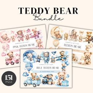 Lot de cliparts aquarelle ours en peluche gros ours en peluche PNG Bundle rose ours en peluche bleu bébé Bundle de cliparts ours en peluche décoration de chambre d'enfant