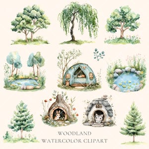 Puede incluir: Conjunto de clipart de acuarela con escenas de bosque, que incluyen &aacute;rboles, estanques y peque&ntilde;as casas. El conjunto incluye una tienda de campa&ntilde;a azul, una caba&ntilde;a de troncos, una casa de toc&oacute;n de &aacute;rbol y un peque&ntilde;o estanque con nen&uacute;fares. Las ilustraciones est&aacute;n pintadas en un estilo caprichoso con colores suaves.