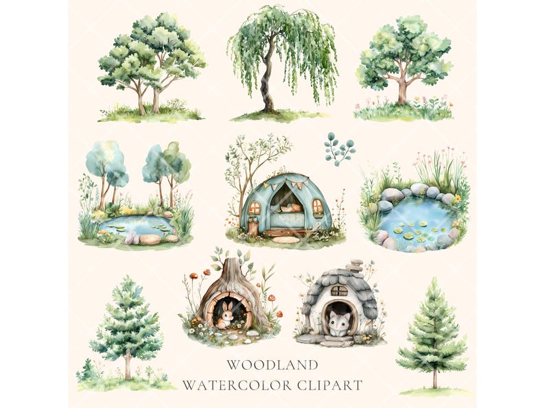 Puede incluir: Conjunto de clipart de acuarela con escenas de bosque, que incluyen &aacute;rboles, estanques y peque&ntilde;as casas. El conjunto incluye una tienda de campa&ntilde;a azul, una caba&ntilde;a de troncos, una casa de toc&oacute;n de &aacute;rbol y un peque&ntilde;o estanque con nen&uacute;fares. Las ilustraciones est&aacute;n pintadas en un estilo caprichoso con colores suaves.
