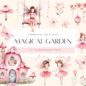 Clipart di fata acquerello giardino magico Clipart di fata carina giardino foresta incantata Clipart di fata rosa Pacchetto di fiori rosa PNG Uso commerciale