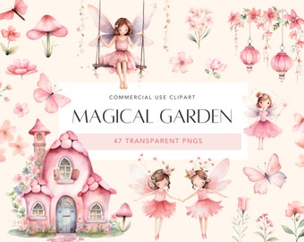 Watercolor Fairy Magical Garden Clipart Cute Fairy Garden Clipart Enchanted Forest Pink Fairy Clipart Bundle Pink Flowers PNG Commercial Use