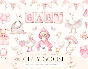 Girly Gans Aquarell Clipart Rosa Dumme Gans PNG Baby Kinderzimmer Dekor Boho Baby Shower Clip Art Baby Mädchen Geburtstag PNG Digitale Kunst