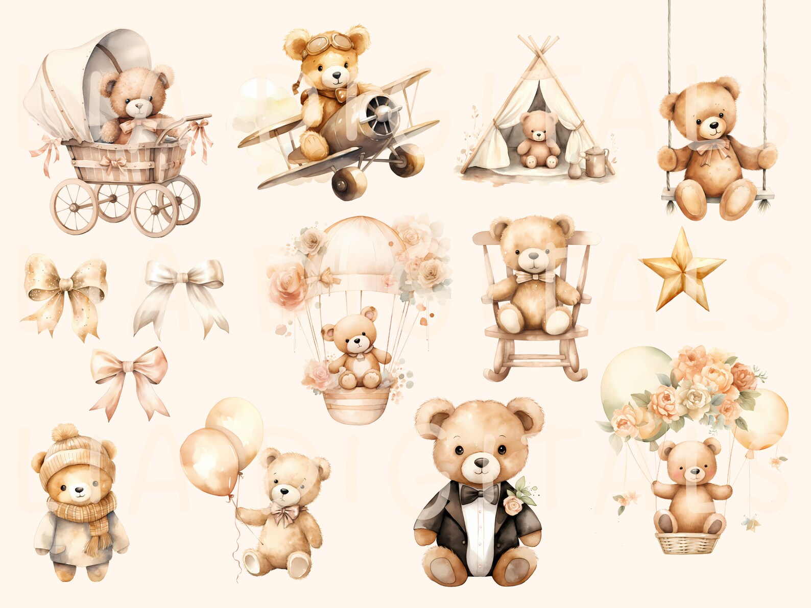 Watercolor Teddy Bear Clipart Boho Teddy Bear Clipart for Baby Shower ...