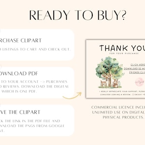 Op de afbeelding: Een digitale illustratie van een boslandschap met twee herten en een konijn dat voor een boom staat. De tekst "Bedankt voor uw aankoop" staat bovenaan de afbeelding. De tekst "Klik hier om 52 Woodland Friends Clipart te downloaden" staat onder de illustratie. De tekst "Ik waardeer uw steun enorm. Laat alsjeblieft een beoordeling achter. :) Geniet ervan!" staat onder de downloadlink voor het clipart. De tekst "Commerci&euml;le licentie inbegrepen. Onbeperkt gebruik voor digitale en fysieke producten." staat onderaan de afbeelding.