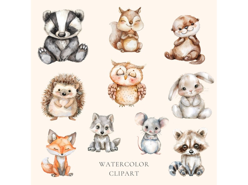 Op de afbeelding: Waterverf clipart met een verzameling schattige bosdieren, waaronder een das, een eekhoorn, een otter, een uil, een egel, een konijn, een wolf, een muis, een vos en een wasbeer. De dieren zijn allemaal afgebeeld in een speelse stijl met zachte kleuren en delicate details.
