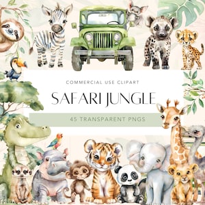 Animais de Safári Clipart Bebê Animal Bonito de Safári na Selva PNG Aquarela Clipart de Animal Chá de Bebê Clipart Selva Berçário Arte Selvagem Um Aniversário