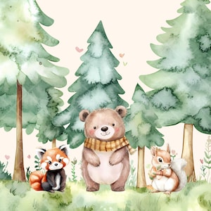 Puede incluir: Ilustraci&oacute;n de acuarela de un oso marr&oacute;n con una bufanda, un panda rojo y una ardilla en un entorno de bosque. Los animales est&aacute;n rodeados de &aacute;rboles verdes y flores.
